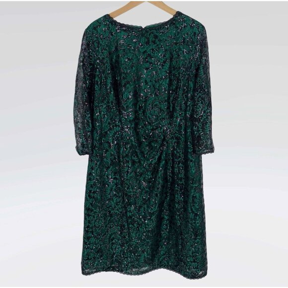 Tahari ASL Lace Dress Green & Black, Sequined, Back Zipper Sheer Sleeve Size 16W - Picture 1 of 7
